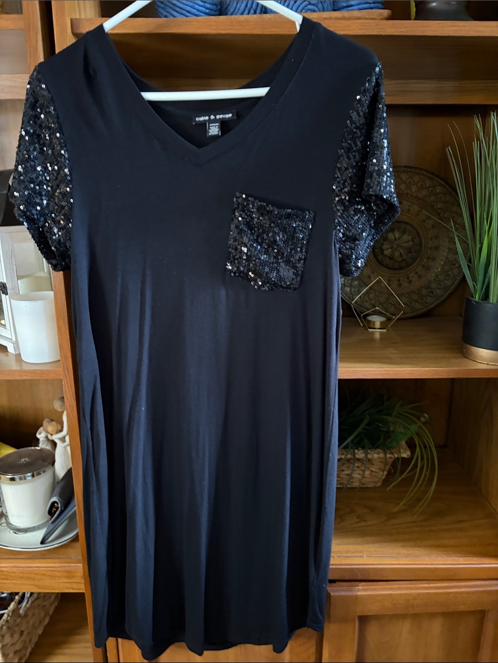 Cable & Gauge Black V-Neck Dress with Sequin Pocket and Sleeves